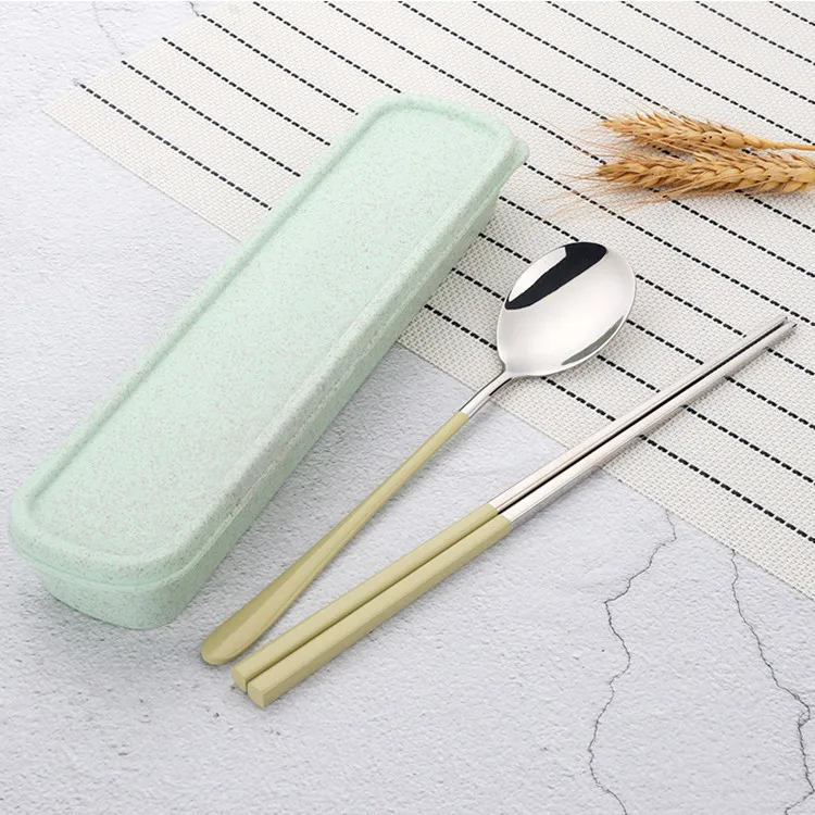 Green Set Черный 18/8 нержавеющая сталь еда палочки для еды ложка набор с длинной ручкой плоские Нескользящие палочки для еды набор столовых приборов путешествия с портативной коробкой - Цвет: Green Set