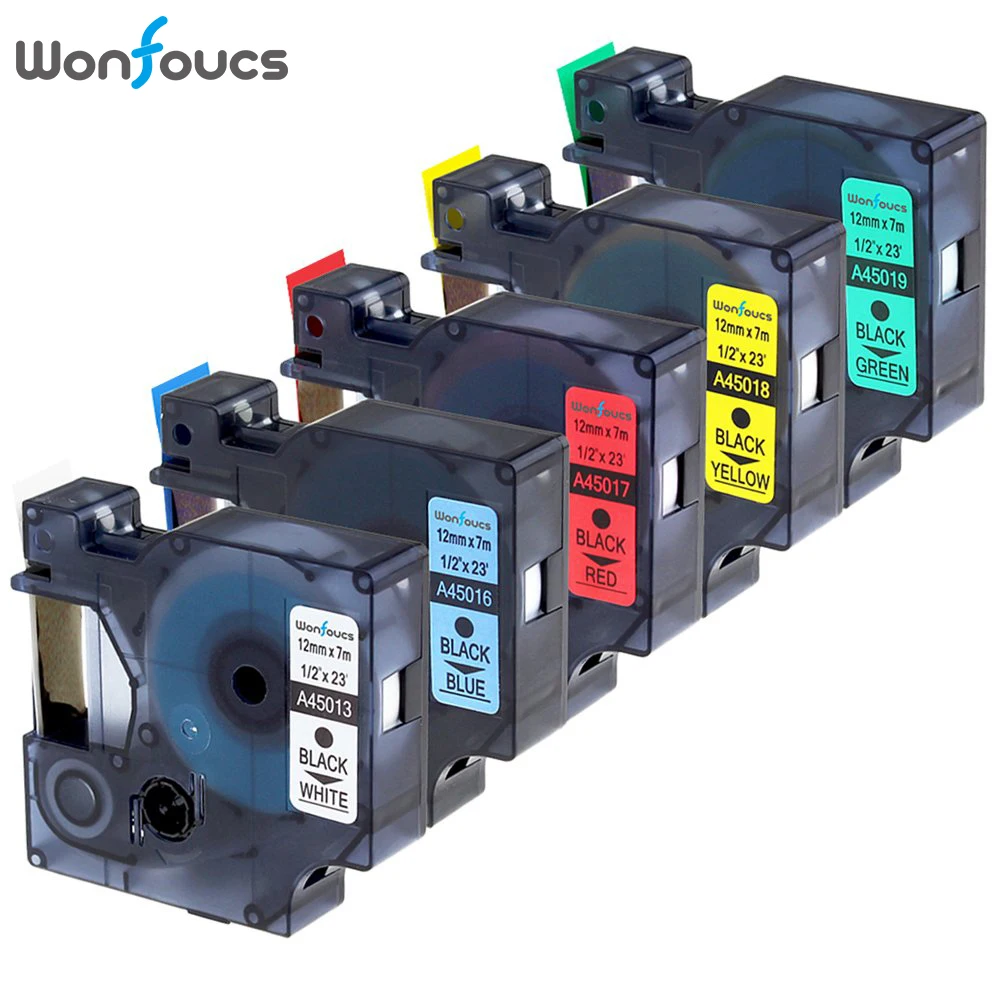 5 штук в партии; Совместимый с dymo D1 этикетки лента 12mm x 7 м 45013 45016 45017 45018 45019 Совместимость с LabelManager 160 210D 250 260 P 280