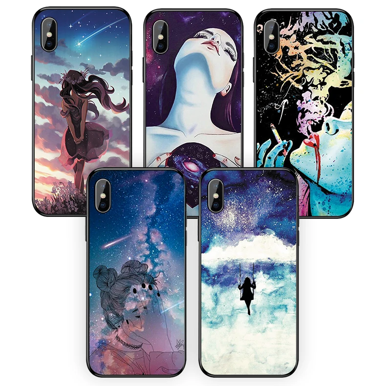 Звездное ночное небо и девушка искусство для iphone X XR XS XSMAX Силиконовые Мягкие ТПУ