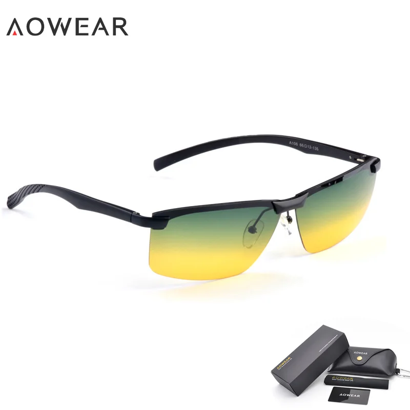 AOWEAR, день, ночь, водительские солнцезащитные очки, мужские, поляризационные, ночное видение, желтые очки, мужские, алюминиево-магниевые очки, солнцезащитные очки, чехол - Цвет линз: 1 Black Day Night