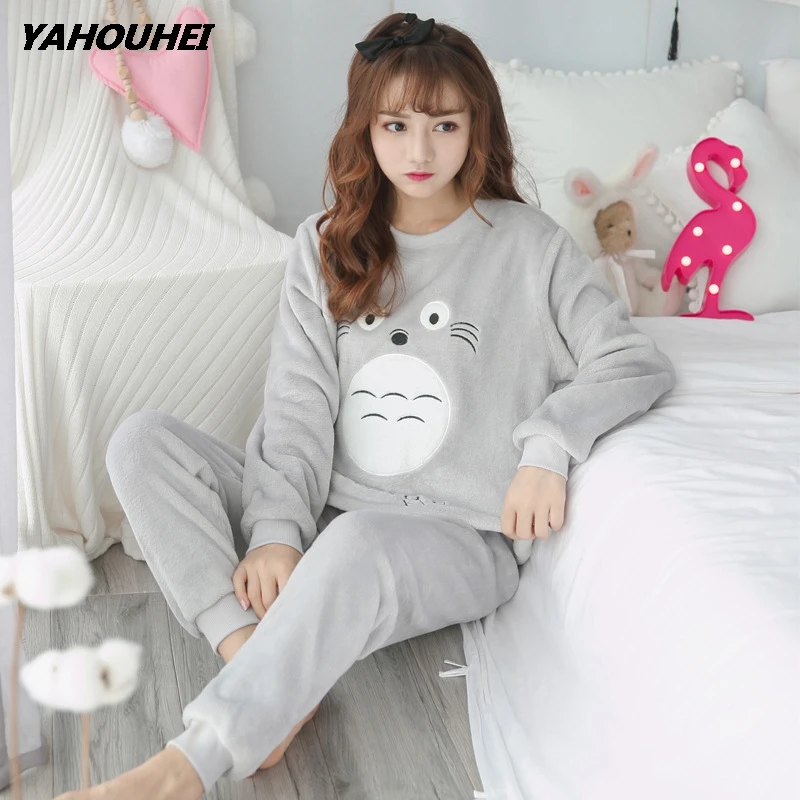 longmaorong gray Пижамные комплекты для женщин зимняя модная ночная рубашка домашняя одежда для отдыха женская фланелевая теплая пижама с длинным рукавом комплект ночного белья для девочек - Цвет: longmaorong gray
