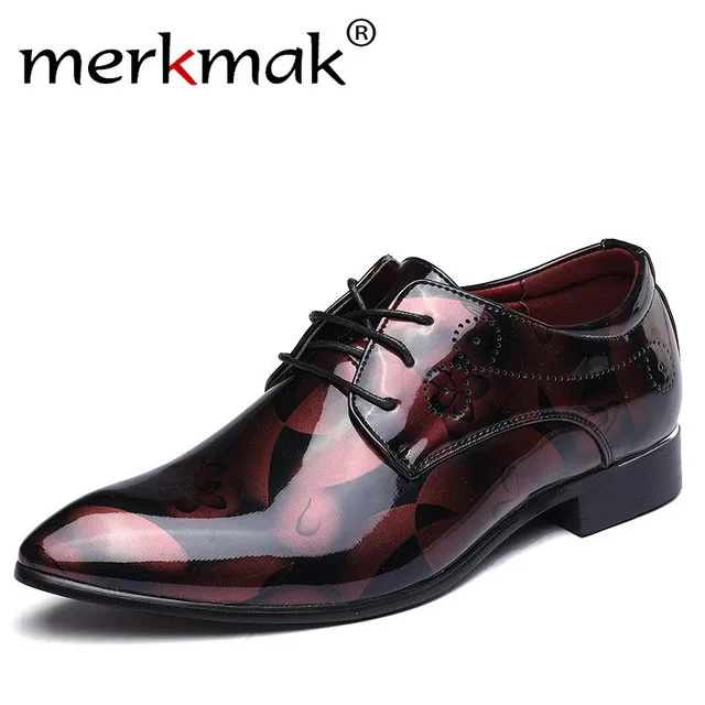 Red Dress Shoes Merkmak/кожаные Мужские модельные туфли с цветочным узором; мужские деловые свадебные туфли на шнуровке; мужские оксфорды на плоской подошве; большие размеры 35-48 - Цвет: Red Dress Shoes