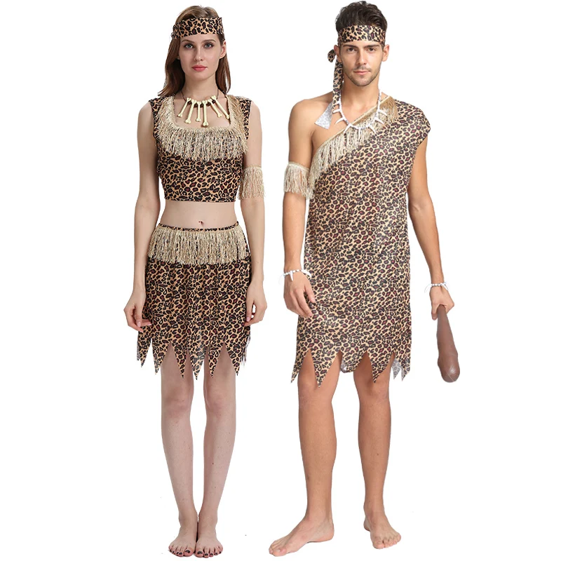 Leopard print cos primitives Adult Halloween African drum indigenous Indians performance clothing | Тематическая одежда и