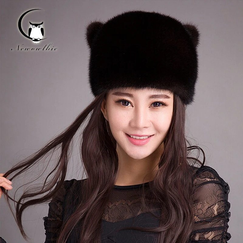 Wholesale Women Hats Whole Skin Mink Fur Elegant Fashion Warm Ear Cap Cut Cat Ear Mink Whole Leather Real Fur Hat Female