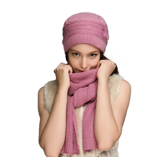 Pink Cap And Scarf FS Зимняя шерстяная вязаная шапка, шапочка, шарф, комплект для женщин, вязаные шапочки-шапочки, коричневые, Серые меховые шапки с помпоном, капот Foulard Femme - Цвет: Pink Cap And Scarf