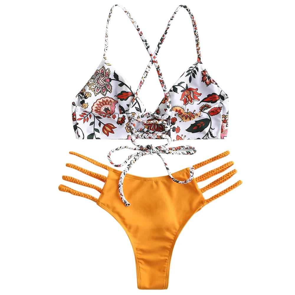 Женский комплект бикини с заниженной талией в цветочек|Купальники| |