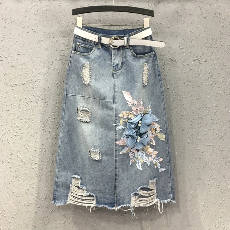 

Summer Fashion 2019 Womens Ladies Ripped Hole Beading Embroidery Denim Skirt , Woman Appliques Pearls High Waisted Jeans Skirts