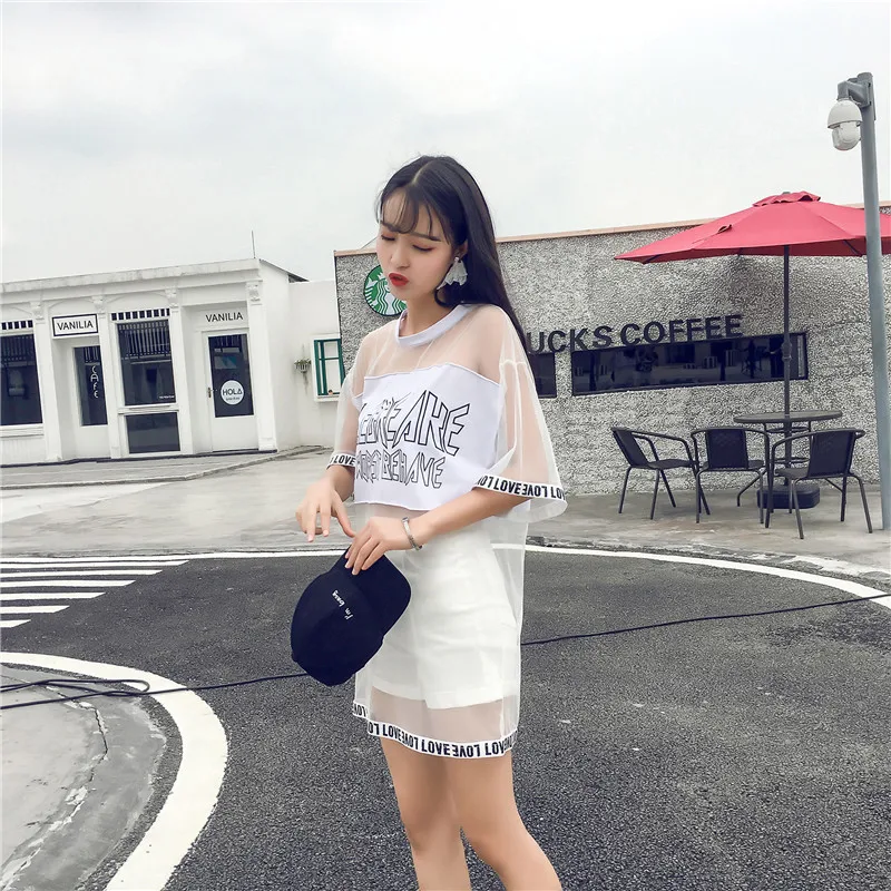 Camisetas Mujer летняя модная футболка Топ Женская одежда корейский стиль Harajuku сетчатая перспективная футболка женские свободные футболки