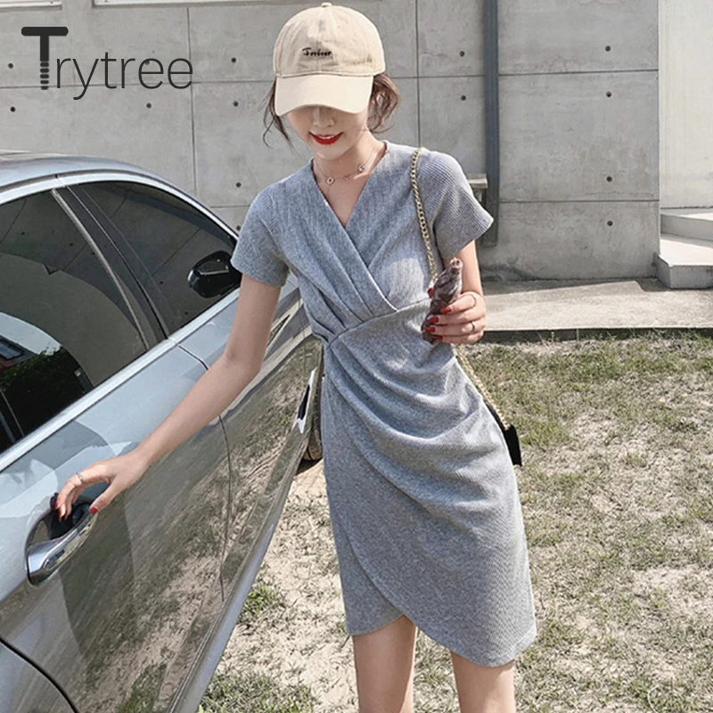 Trytree летнее повседневное однотонное платье женское эластичное с v образным