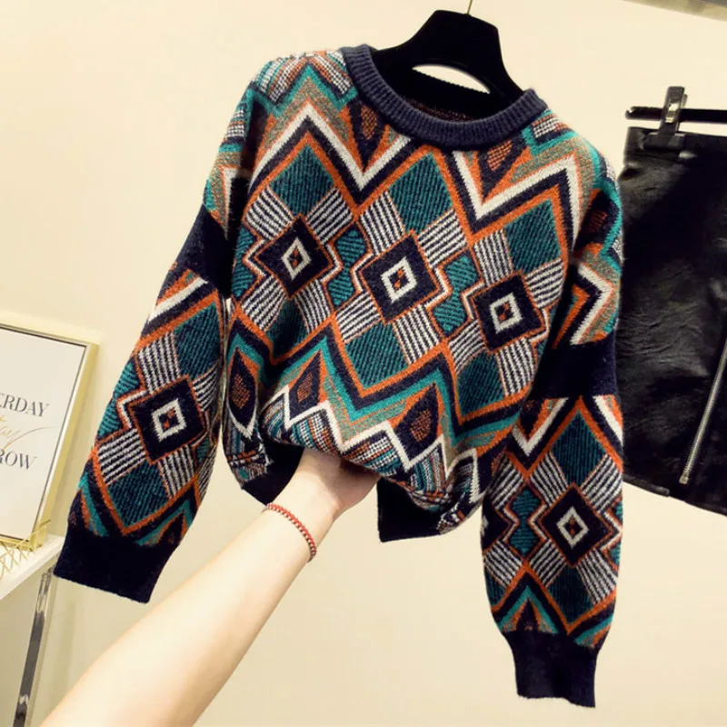 Ins lazy sweater O-Neck geometric Pullovers loose Knitted Shirts Long Flare Sleeved High Waist tops | Женская одежда