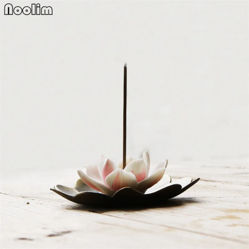 Ceramic Antique Lotus Incense Burner with Copper Incense Base Incense Stick Holder Aromatherapy Censer Home Teahouse Decor