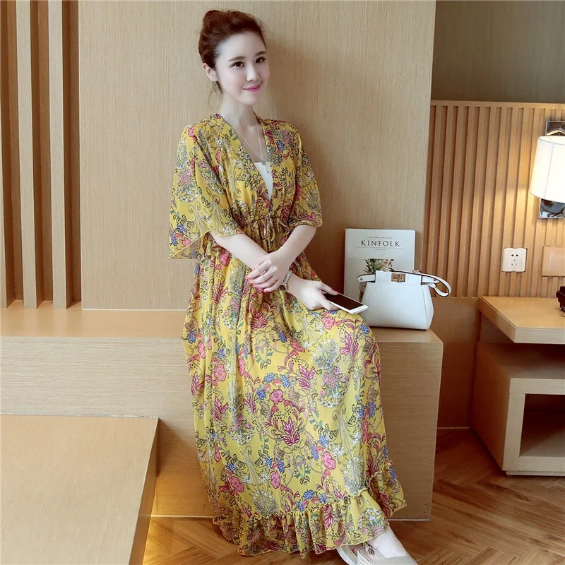 Женское сексуальное шифоновое платье с v-образным вырезом и цветочным принтом