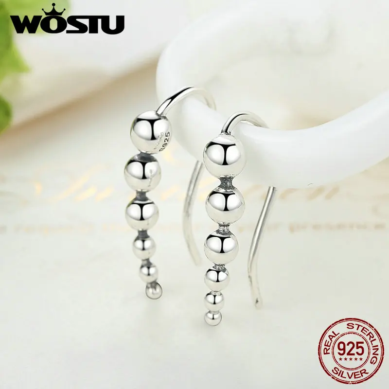 WOSTU Аутентичные серебряные бусины 925 пробы гладкие шарики 6 шт. длинные серьги-гвоздики с крючками Свадебные украшения для женщин CQE040