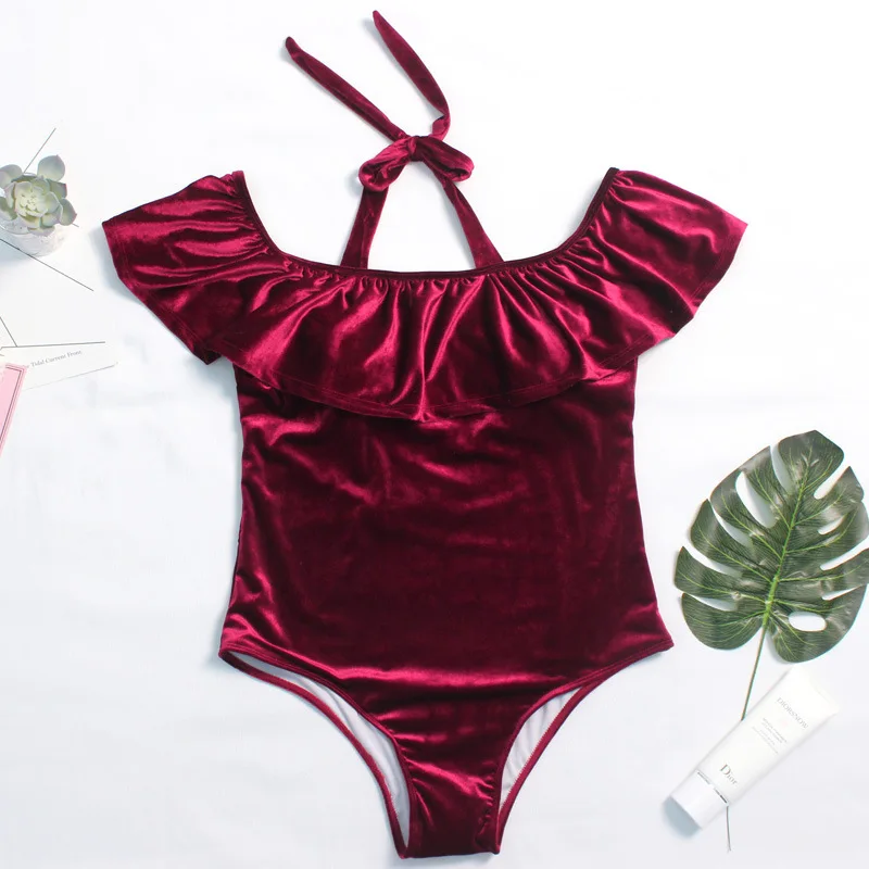 2018 Vintage Plus Size XL- 4XL Black Velvet One Piece Swimsuit For Fat Women Ruffle Off Shoulder Bathing suit Wome |