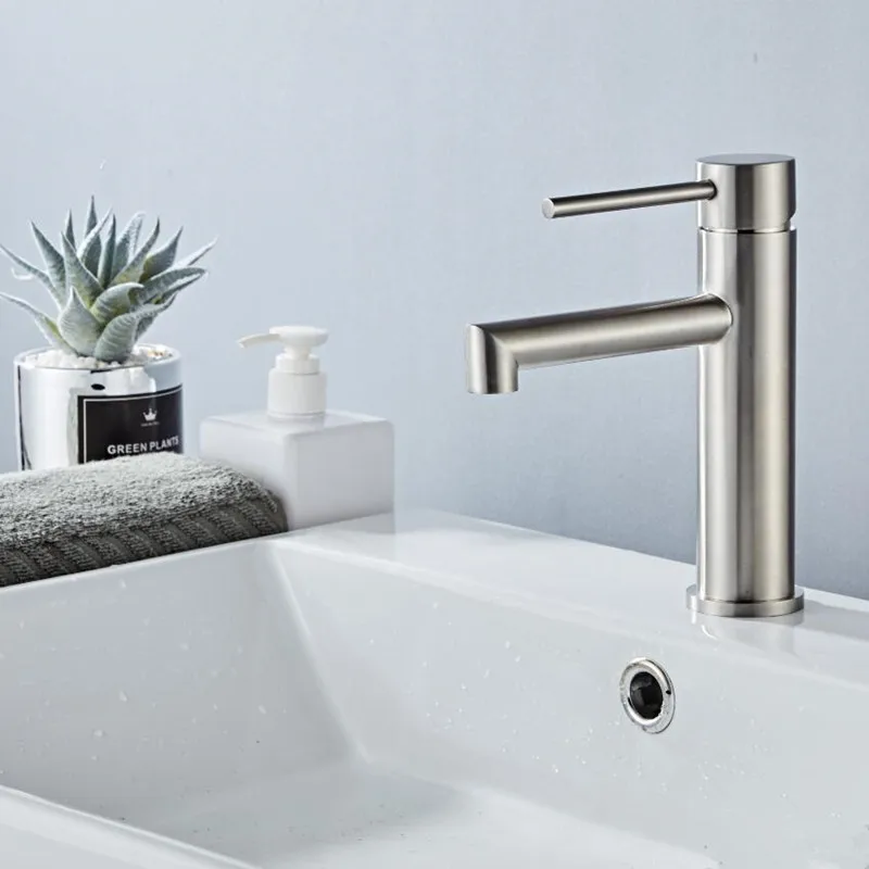 304 нержавеющая сталь Ванная раковина кран никелевая матовая одинарная ручка Soild