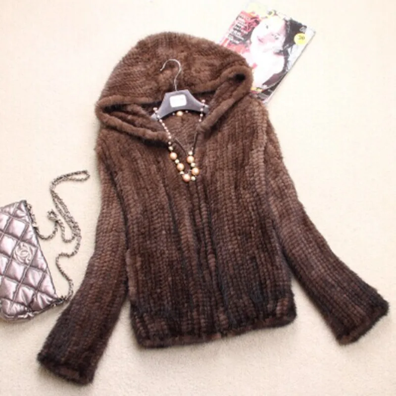 Осенняя женская натуральная вязаная норковая шуба с капюшоном зимняя брикет 4XL 5XL