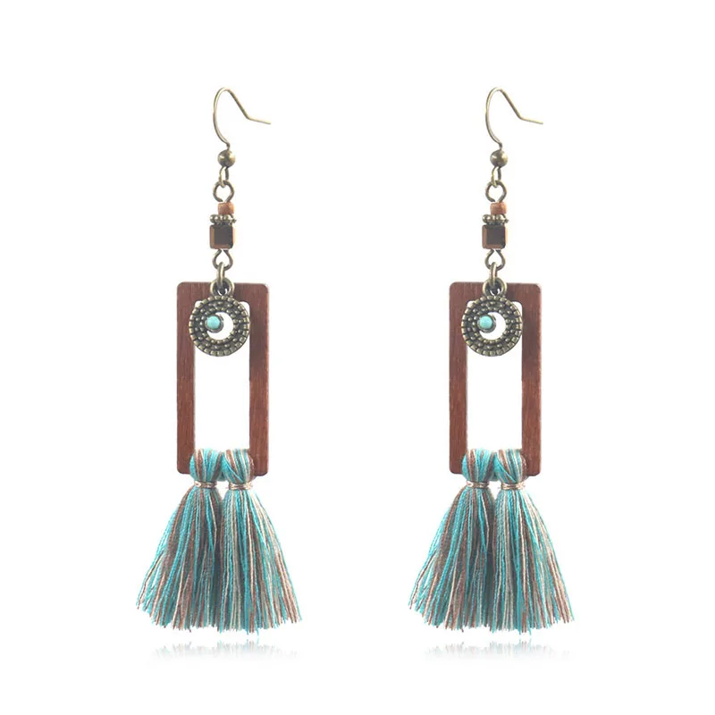 Корейские квадратные серьги из дерева 2019 женские Boho зеленые висячие с кисточками