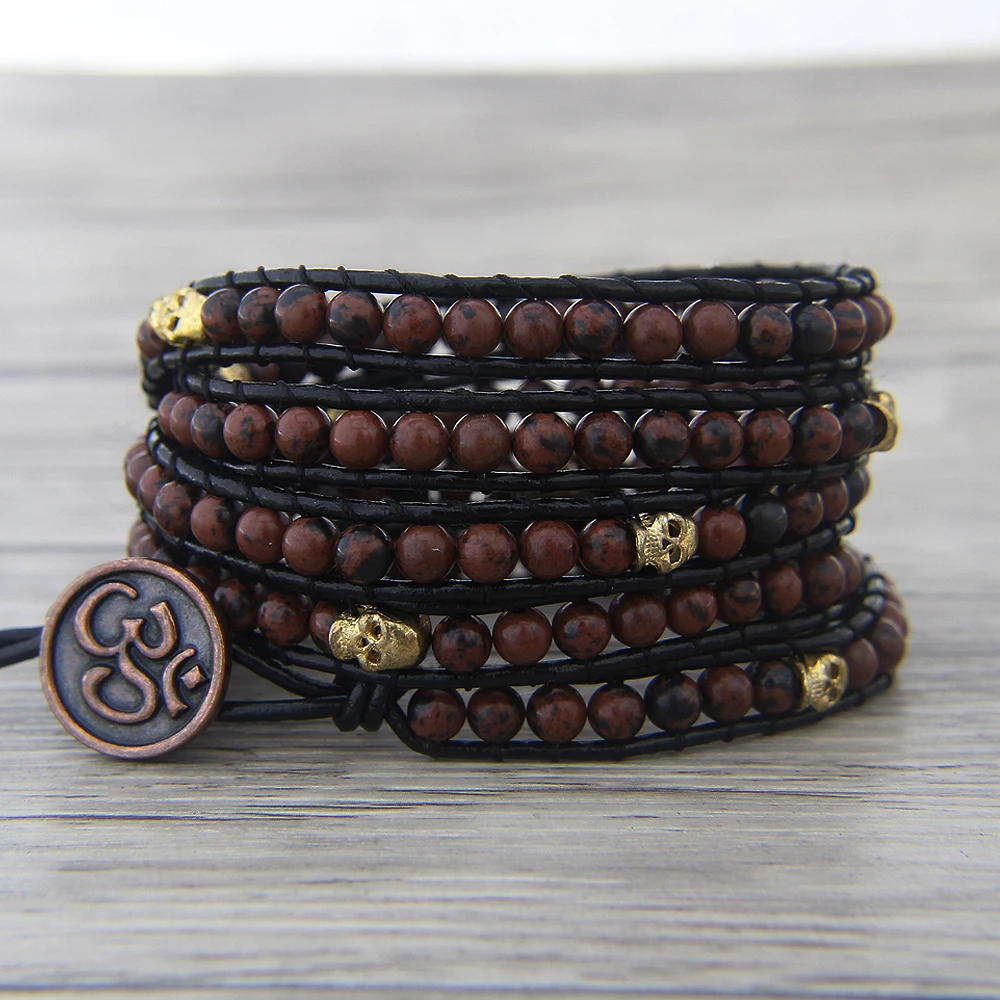 Женский кожаный браслет boho из красных бусин с золотым черепом для йоги Прямая