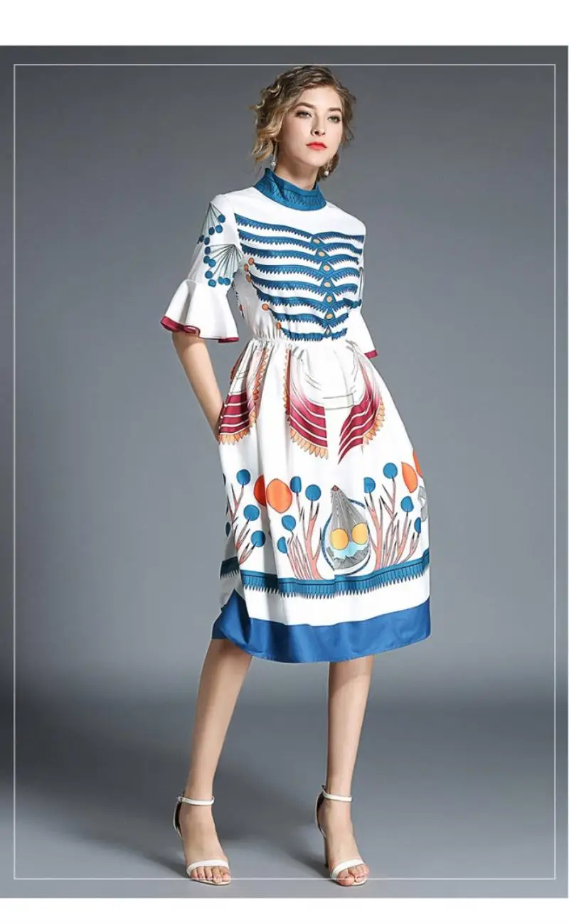 Retro Flower Print Midi Summer Dress Vestidos Playa Verano 2018 Women Party Kawaii Casuales De Mujer | Женская одежда