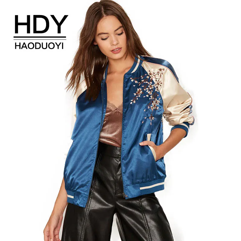 HDY Haoduoyi 2019 Женская куртка с цветочной вышивкой на молнии Модная куртка-бомбер
