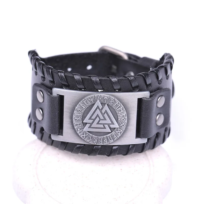 black-antique silver Skyrim Viking Valknut 24 нордические руны широкий кожаный браслет амулет Регулируемый винтажный славянский норвежский мужской ювелирный браслет - Окраска металла: black-antique silver
