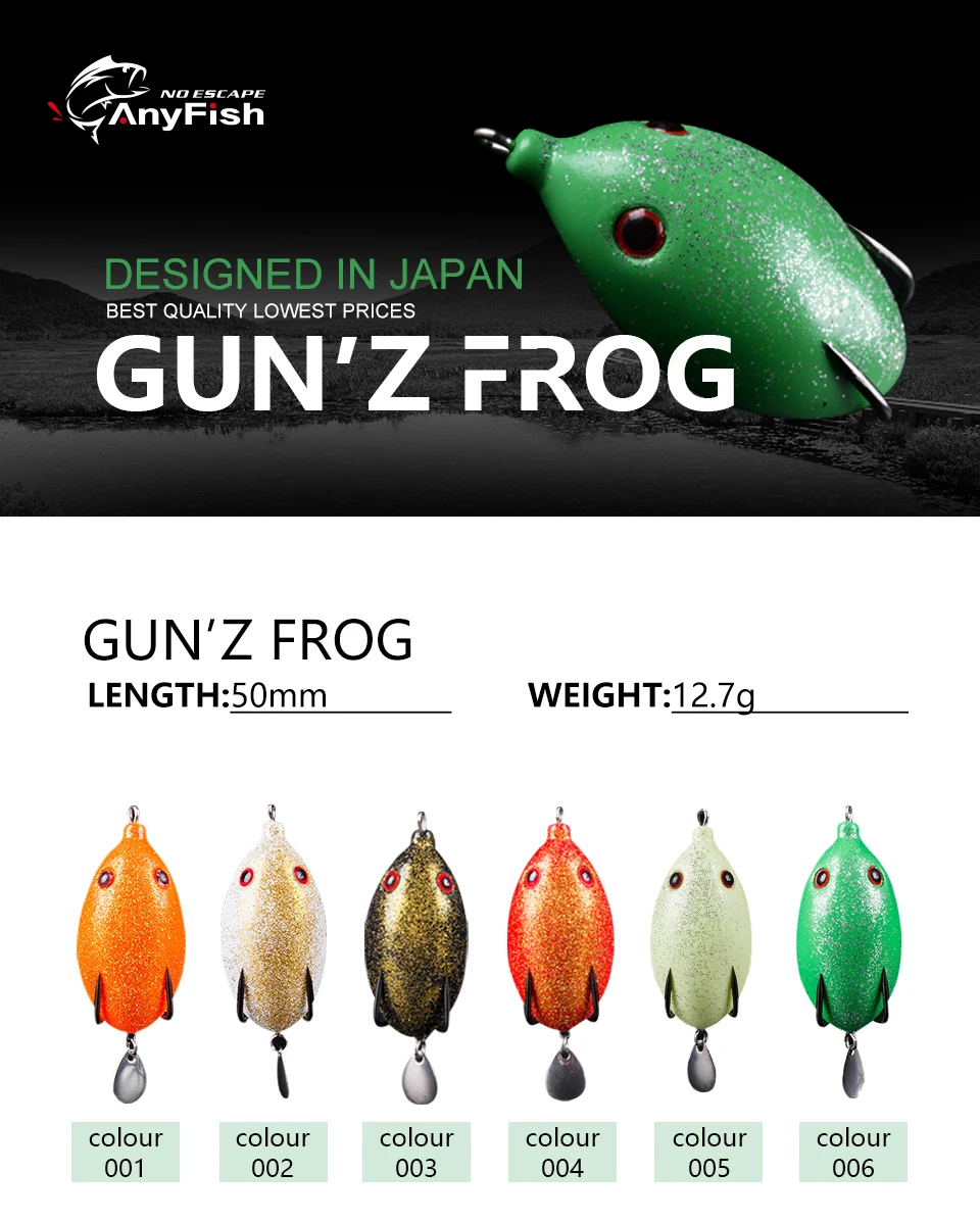ANYFISH GUN'Z приманка для рыбалки в виде лягушки 5 см, 12,7 г, двойные крючки, вращающиеся блестки, приманка в виде Змееголовы, искусственная Мягкая приманка, Topwater Ray FROG