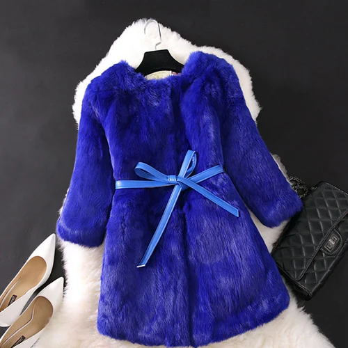 blue Горячая Распродажа, Женское зимнее натуральное пальто из натурального кроличьего меха, натуральный теплый мех кролика, женская модная длинная верхняя одежда из натурального меха - Цвет: blue
