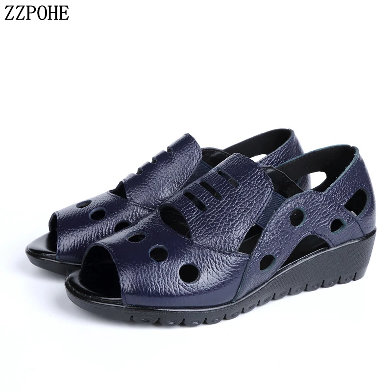 

ZZPOHE Women Sandals 2019 New Fashion Genuine Leather Flat Sandals Women Casual Soft bottom Summer Shoes Mother sandals