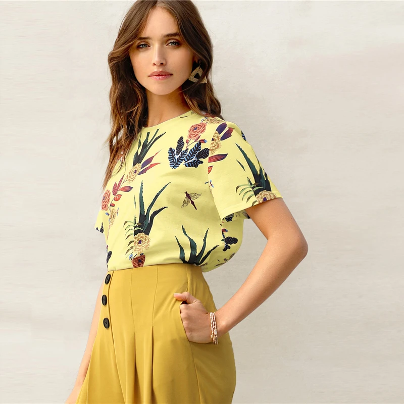 SHEIN Цветочная Футболка С Графическим Принтом Женский Летний Повседневный Топ С Короткими Рукавами И Круглым Вырезом