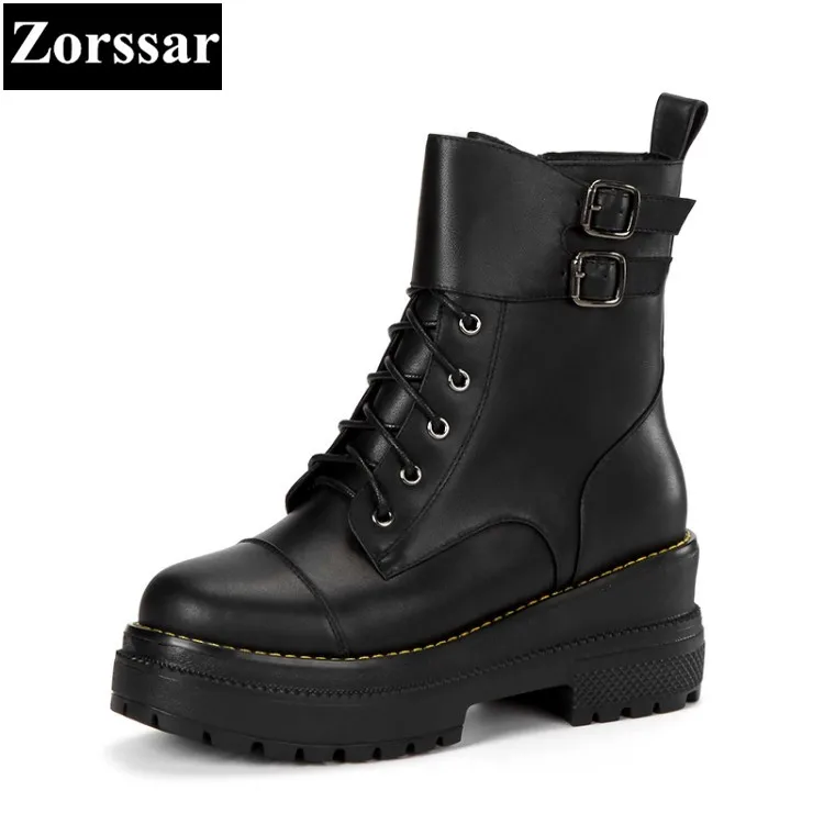 {Zorssar}/ г.; зимняя женская обувь; модные кожаные ботильоны в байкерском стиле; женские повседневные Полуботинки на платформе и высоком каблуке со шнуровкой