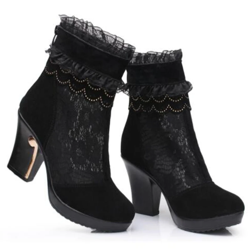 Женские полусапожки на толстом высоком каблуке кружевные марлевые с цветочным
