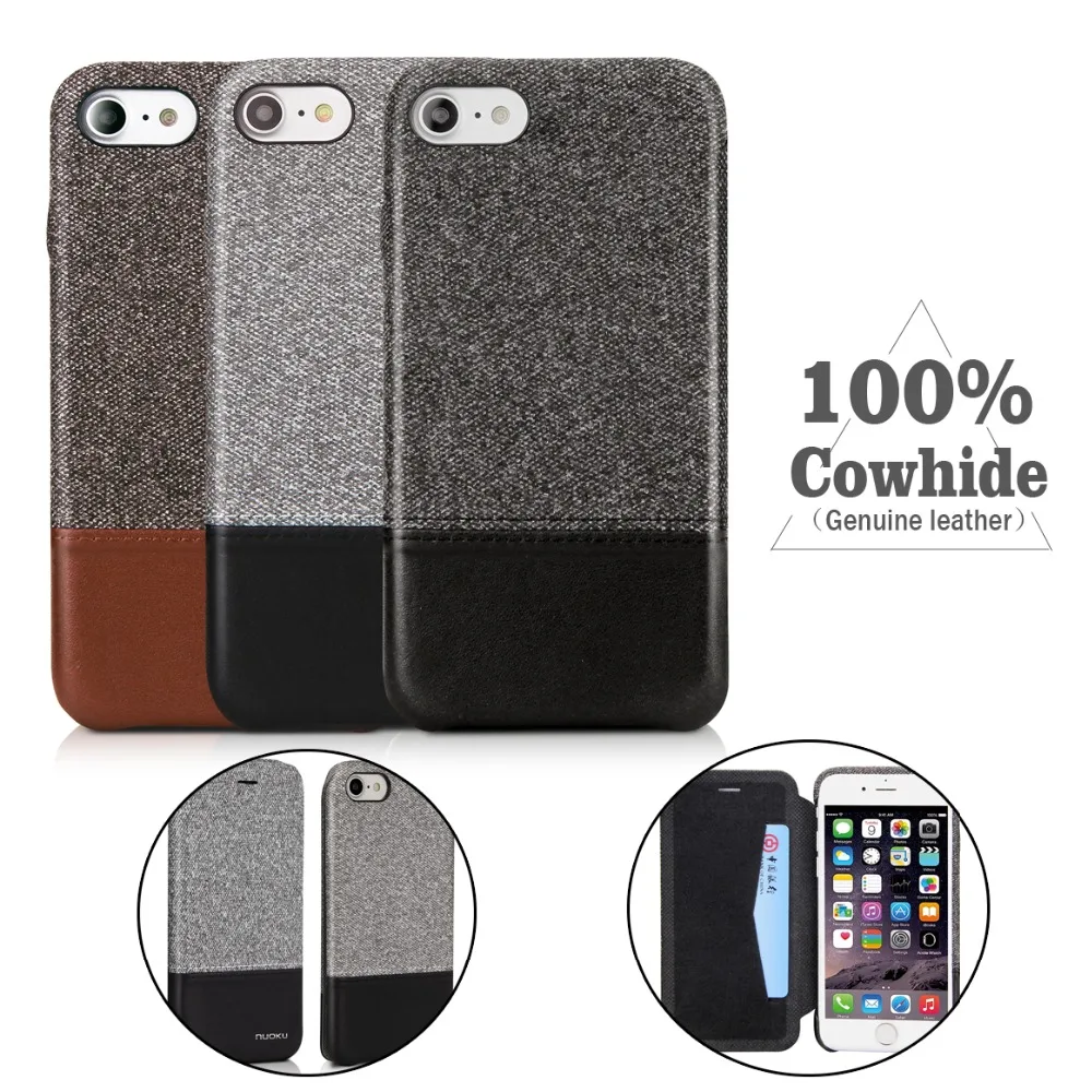 Flip Case Luxe Koeienhuid Lederen Telefoon case NUOKU Voor iPhone7 8 Plus X Portemonnee Kaart Tas Zachte Denim Bracket back Cove | Мобильные