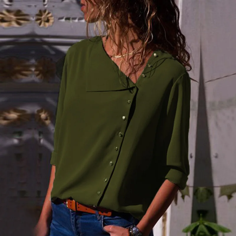 Женская шифоновая блузка с длинным рукавом однотонная офисная отворотным