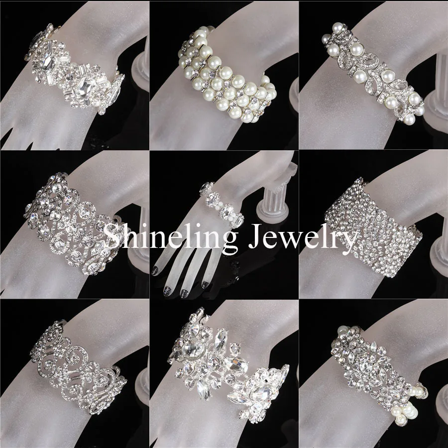 

SLBRIDAL Clear Bridal Wedding Bracelet Bangle Rhinestone Crystal Pearls Stretch Bracelet Wedding accessoreis for your Wedding