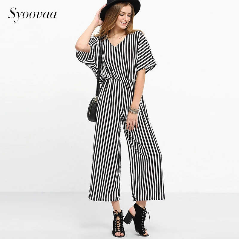 Syoovaa полосатый принт женские комбинезон Винтаж Европейский Стиль Мода Playsuit 2017