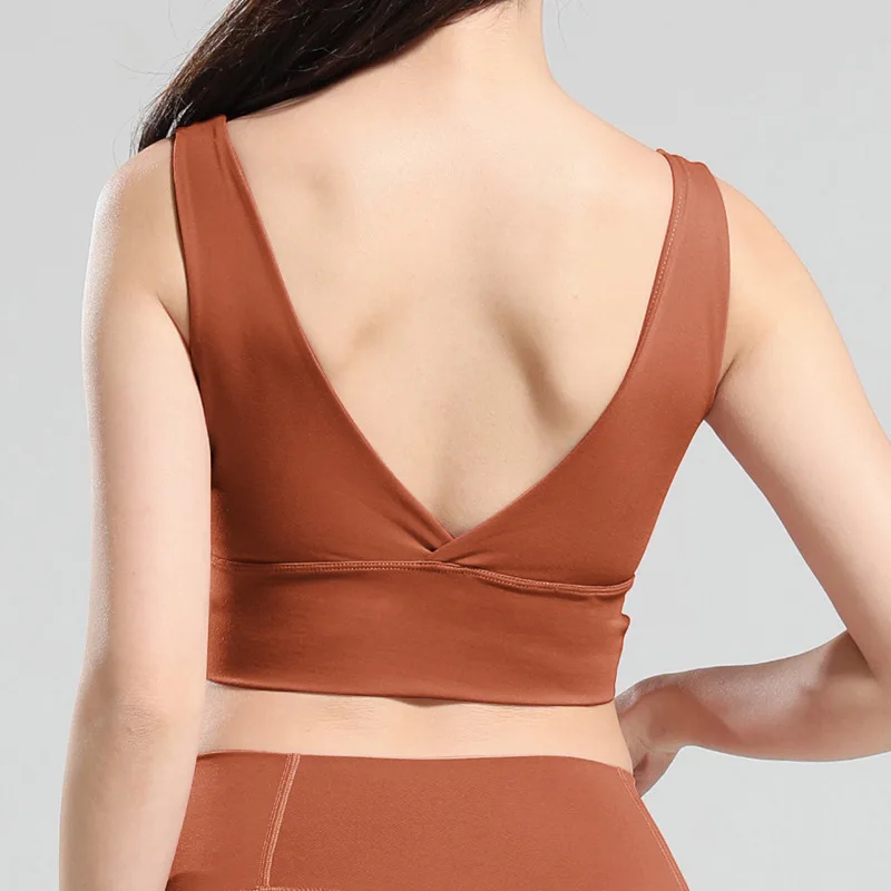 Brown SALSPOR женский бесшовный спортивный лиловый сплошной цвет глубокий V beauty Back эластичный Ударопрочный Нижнее белье занятия в тренажёрном зале бег фитнес жилет Йога бюстгальтер - Цвет: Brown