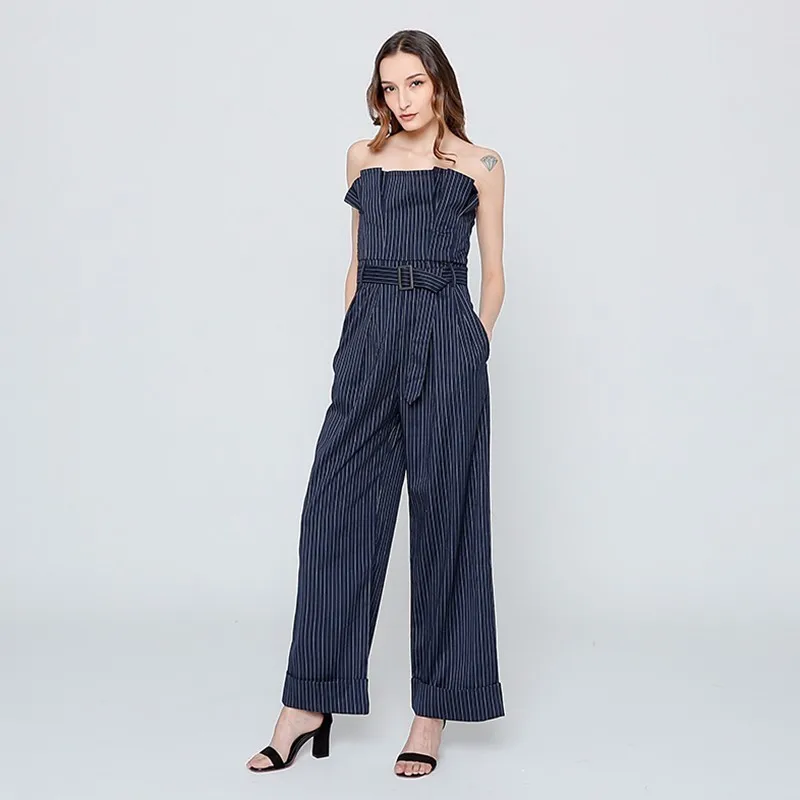 GALCAUR Sexy Sleeveless Striped Jumpsuit Woemn Strapless High Waist With Sashes Ruched Wide Leg Pants Female Spring Fashion 2020 | Женская