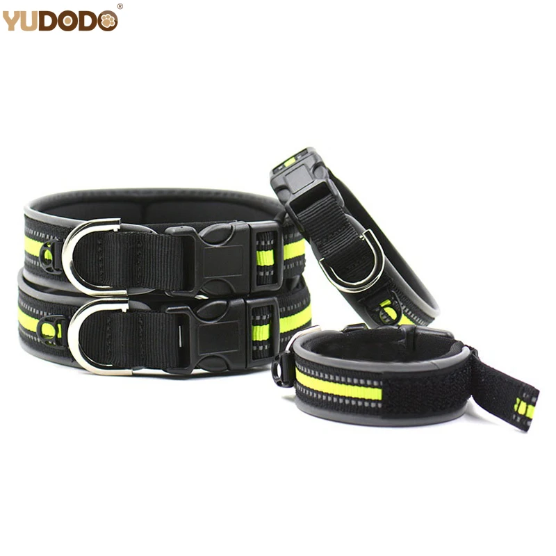 Outdoor Reflective Nylon Pet Dog Collars With ID Tag Hanging Hole Adjustable Black Green Night Safety Glowing Collar For Dogs