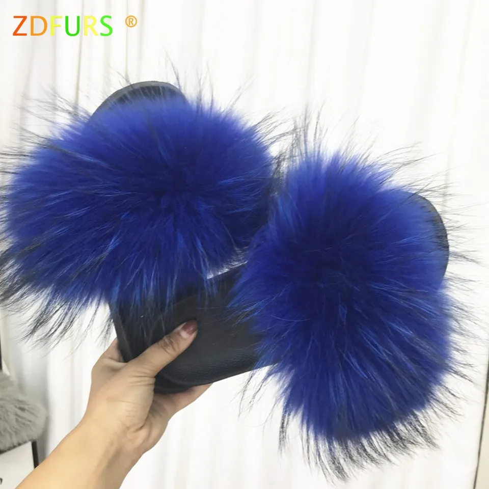 ZDFURS*/Новинка года; женские тапочки из натурального меха енота; повседневные летние шлепанцы без задника с мехом лисы; Вьетнамки; обувь для дома и улицы
