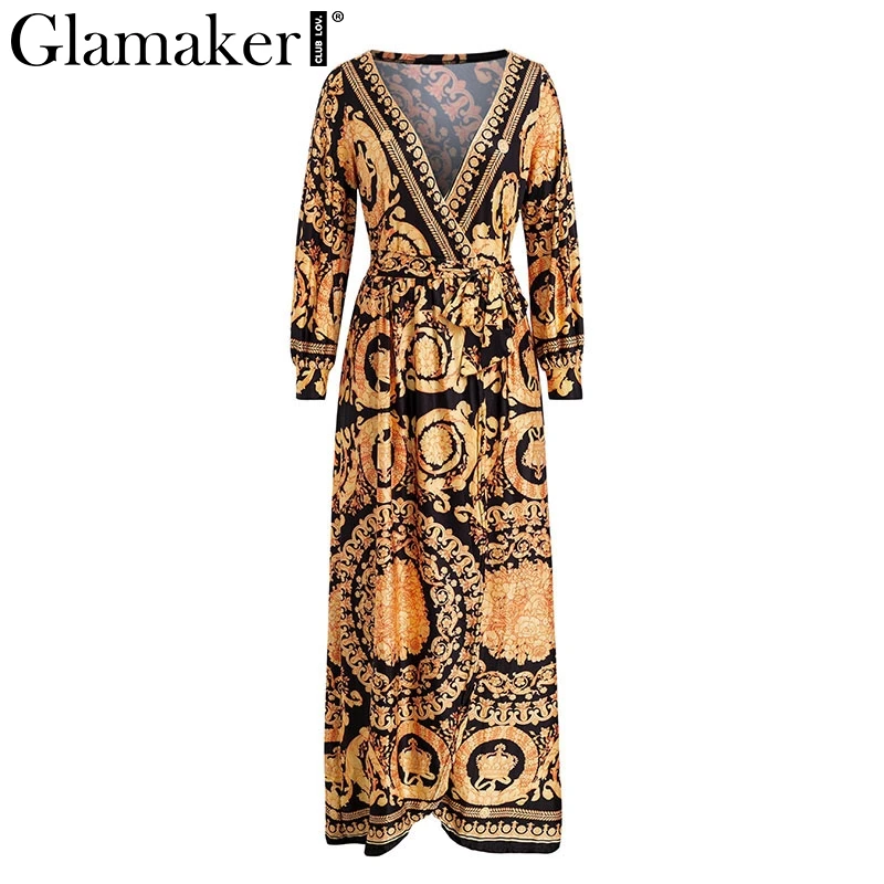 Glamaker, сексуальное женское платье с поясом, летнее, винтажное, v-образный вырез, вечерние, для клуба, длинное, элегантное, праздничное, золотое, макси, Пляжное платье, Халат