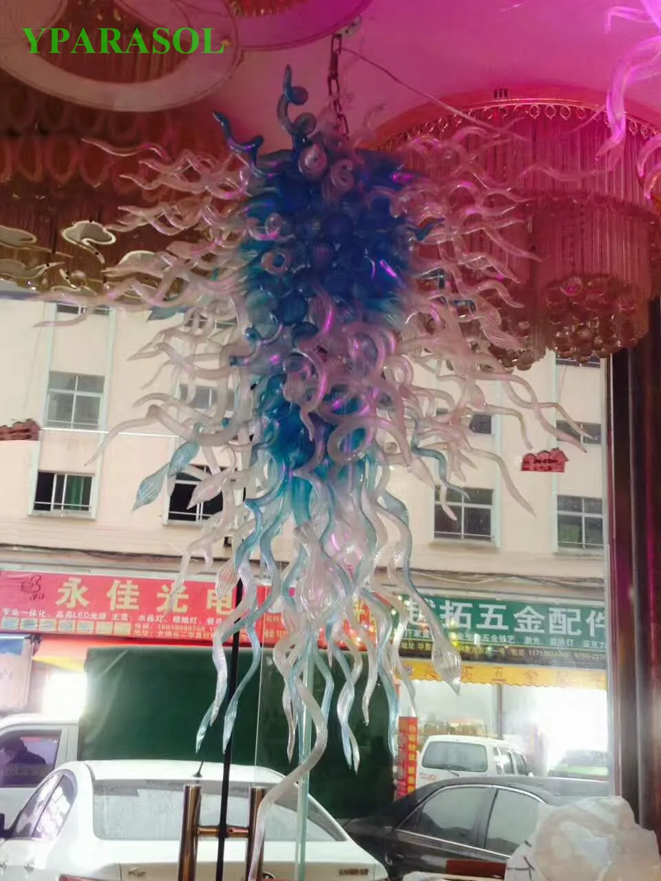Большой размер стильные свадебные украшения огни синий цвет современная стеклянная подвесная люстра