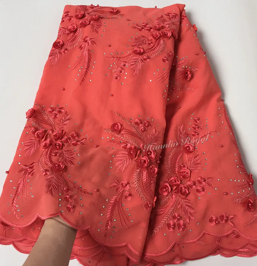 

Soft Silky Coral Red Silver Classic African Swiss Lace Original High Grade chiffon Voile Lace Nigerian inspired Fabric 5 yards
