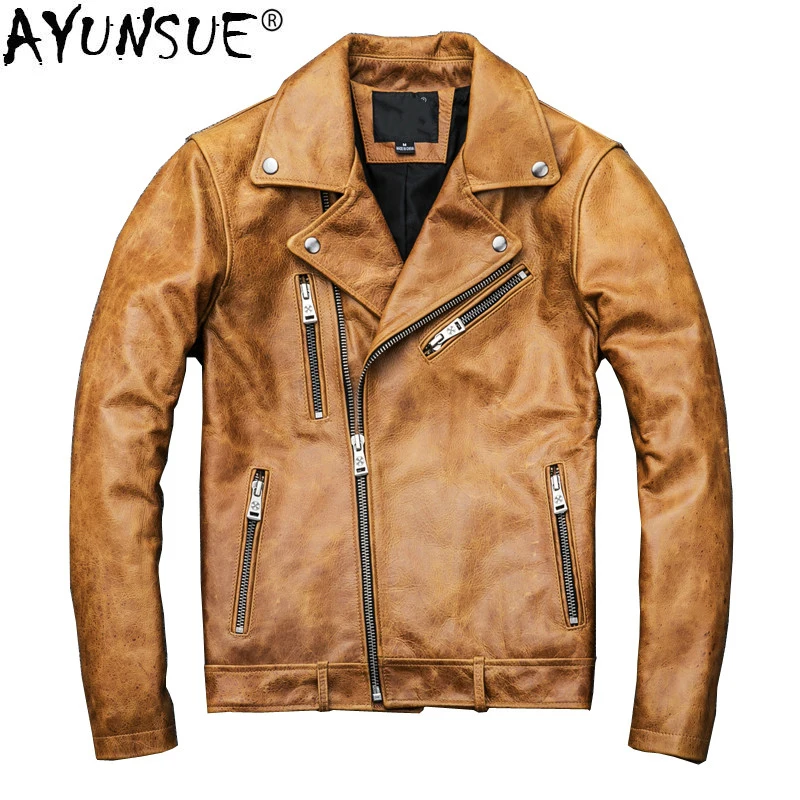 Куртка AYUNSUE мужская из натуральной кожи байкерская куртка вощеной коровьей