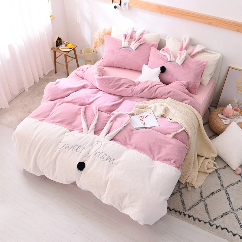 Розовый Белый Синий Серый Милый Кролик уши вышивка девушки флис ткань постельные
