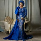 Женское вечернее платье в нигерийском стиле, синее длинное кружевное платье с длинными рукавами