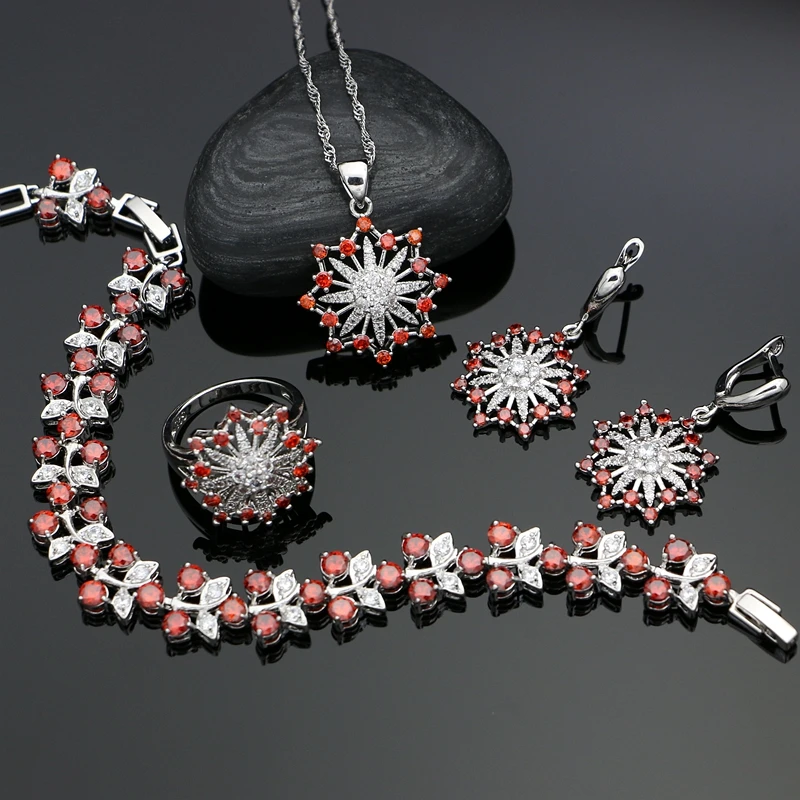 

Набор украшений для невесты из серебра 925 пробы с цветком, красные кубические циркониевые бусы, украшение для женщин, вечерние серьги, ожере...