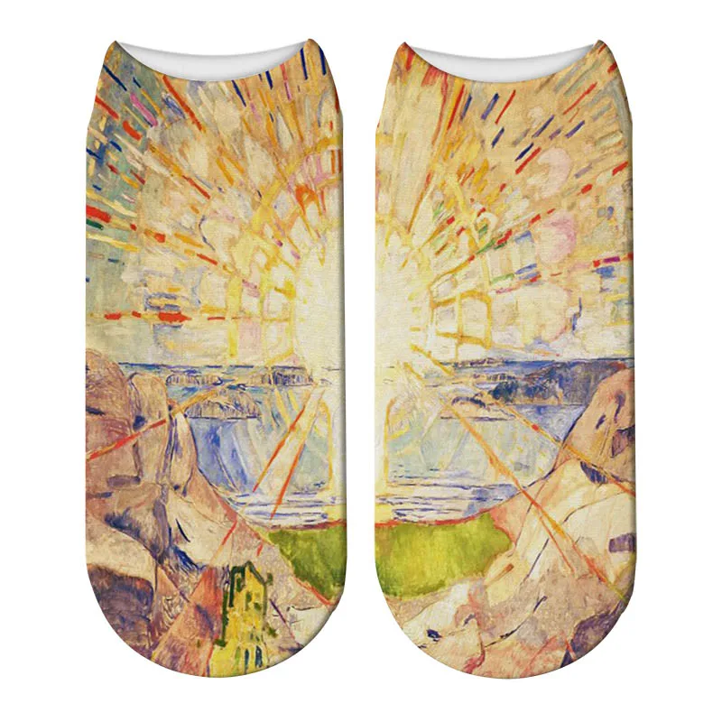 1 Новинка, 3D принт, художественная живопись маслом, Edvard Munch, носки, солнце, крик, женские короткие носки, известная живопись, Meias Calcetines Mujer - Цвет: 1