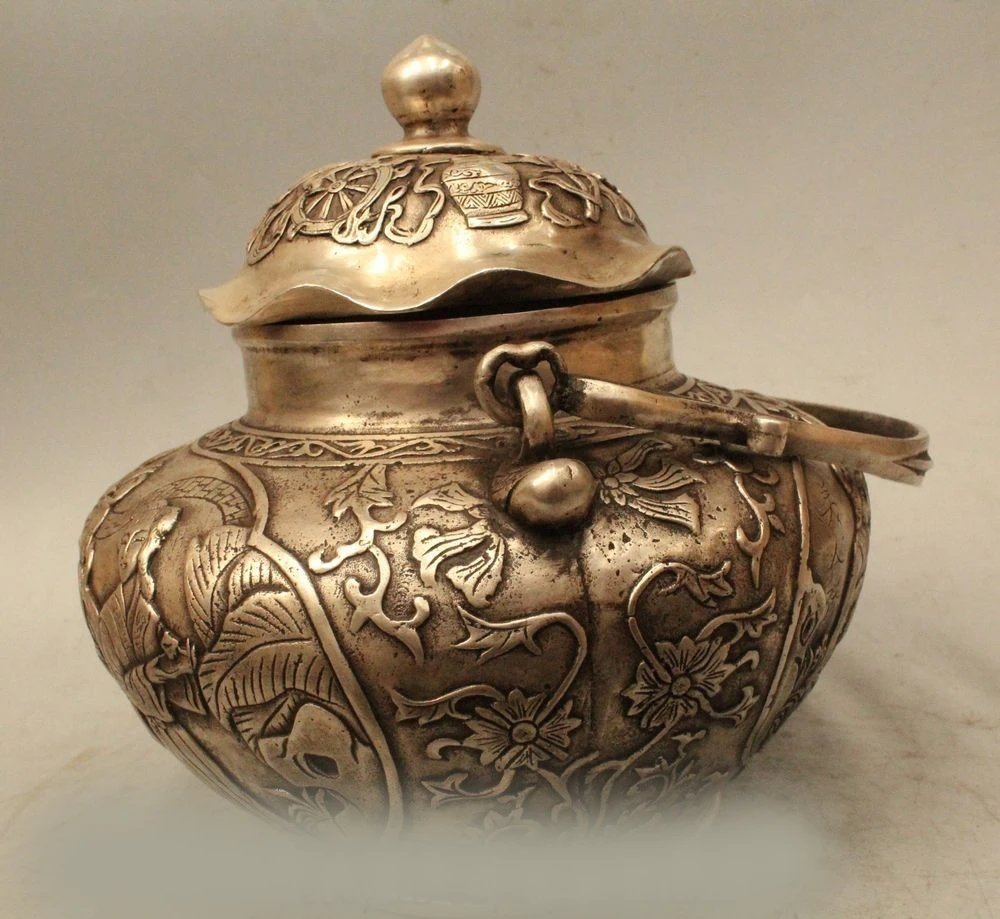 DS 9 &quotКитайский Тибет Серебряный Династия Дворец 8 сокровище Четыре Belle Вино Tea Pot