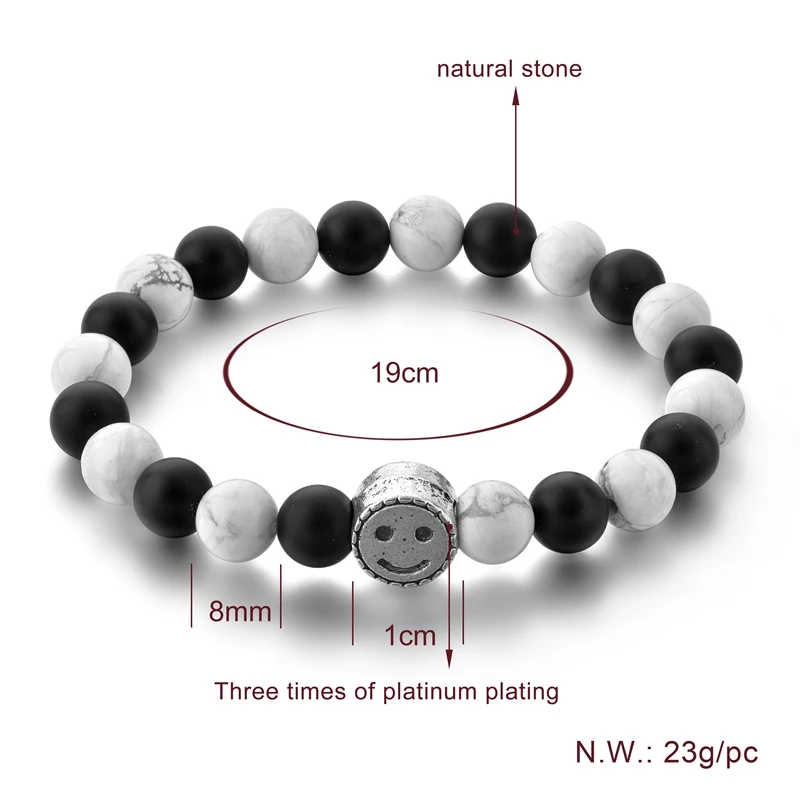 Женские браслеты из натурального камня LongWay DIY Charms Smile эластичные белого и черного