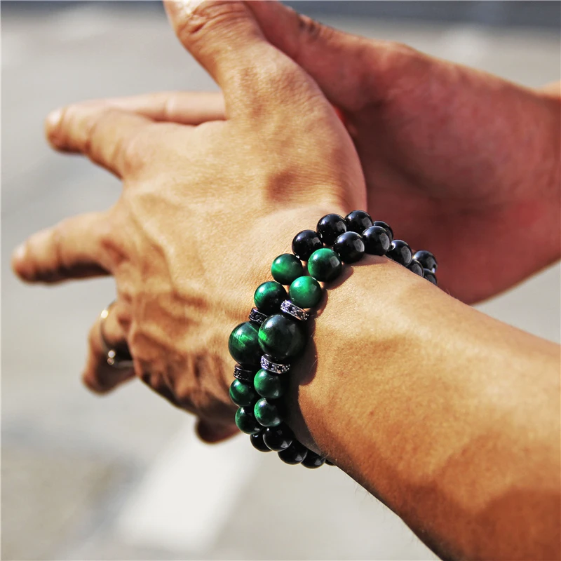 Натуральный черный оникс с зеленым камнем тигровый глаз бисер мужской браслет